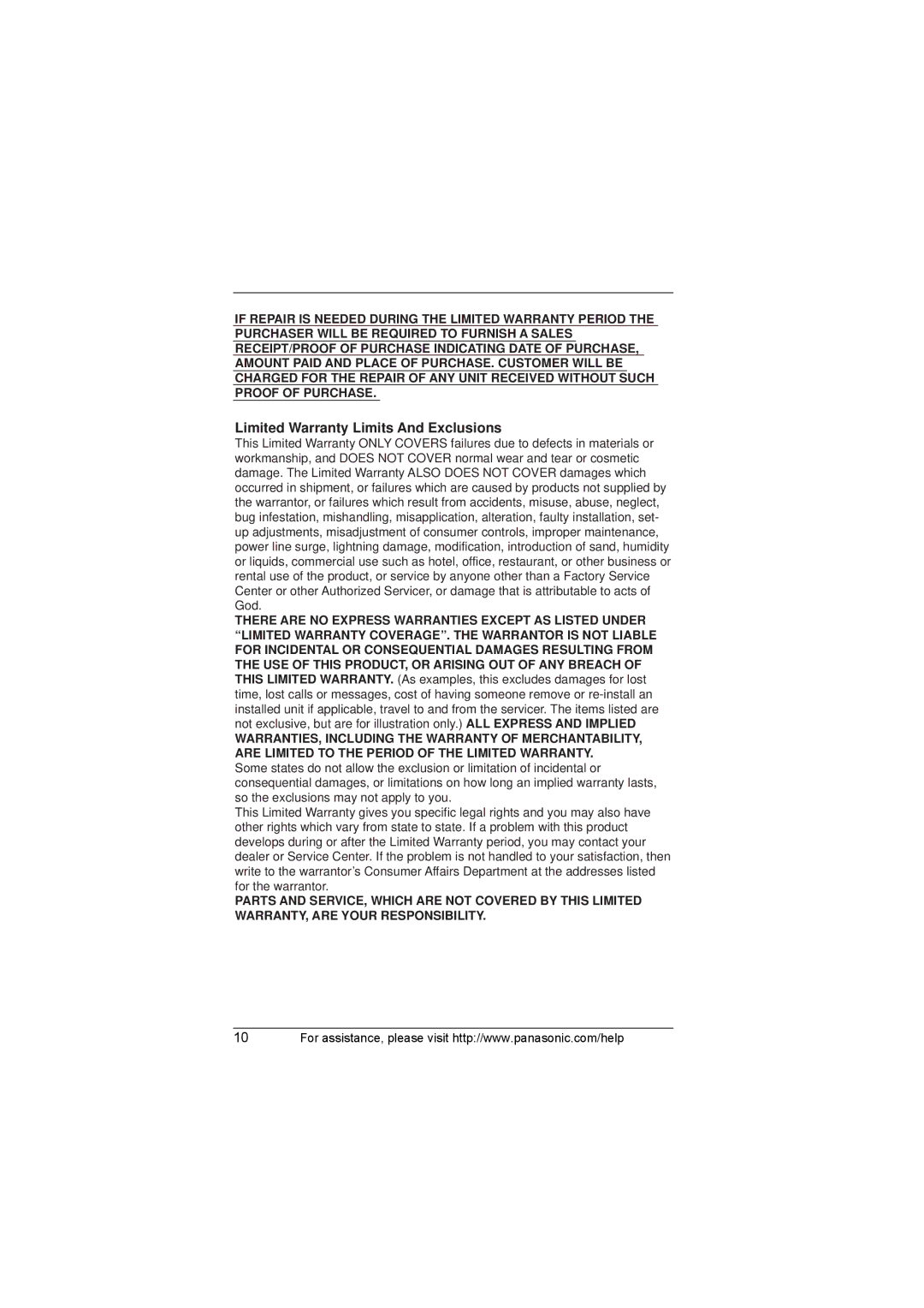 Panasonic KX-TG1035, KX-TG1034, KX-TG1032, KX-TG1033, KX-TGA101S installation manual Limited Warranty Limits And Exclusions 