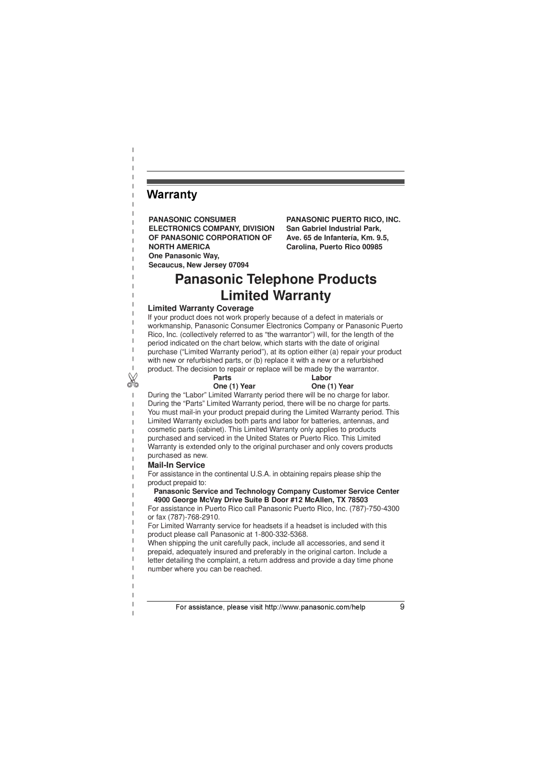 Panasonic KX-TGA101S, KX-TG1035, KX-TG1034, KX-TG1032, KX-TG1033 Limited Warranty Coverage, Mail-In Service 