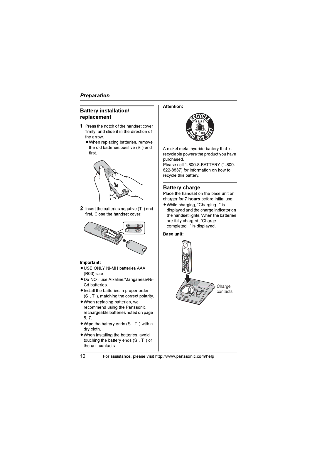 Panasonic KX-TG1032, KX-TG1035, KX-TG1034, KX-TG1033 Battery installation/ replacement, Battery charge, Base unit 