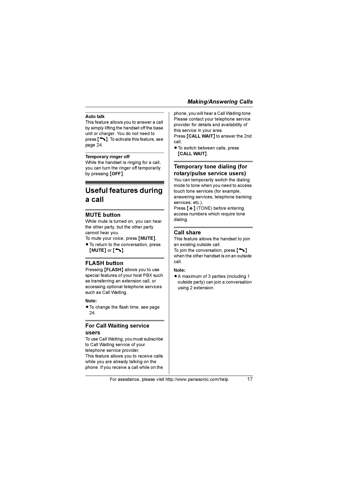 Panasonic KX-TG1034, KX-TG1035, KX-TG1032, KX-TG1033 operating instructions Useful features during a call 