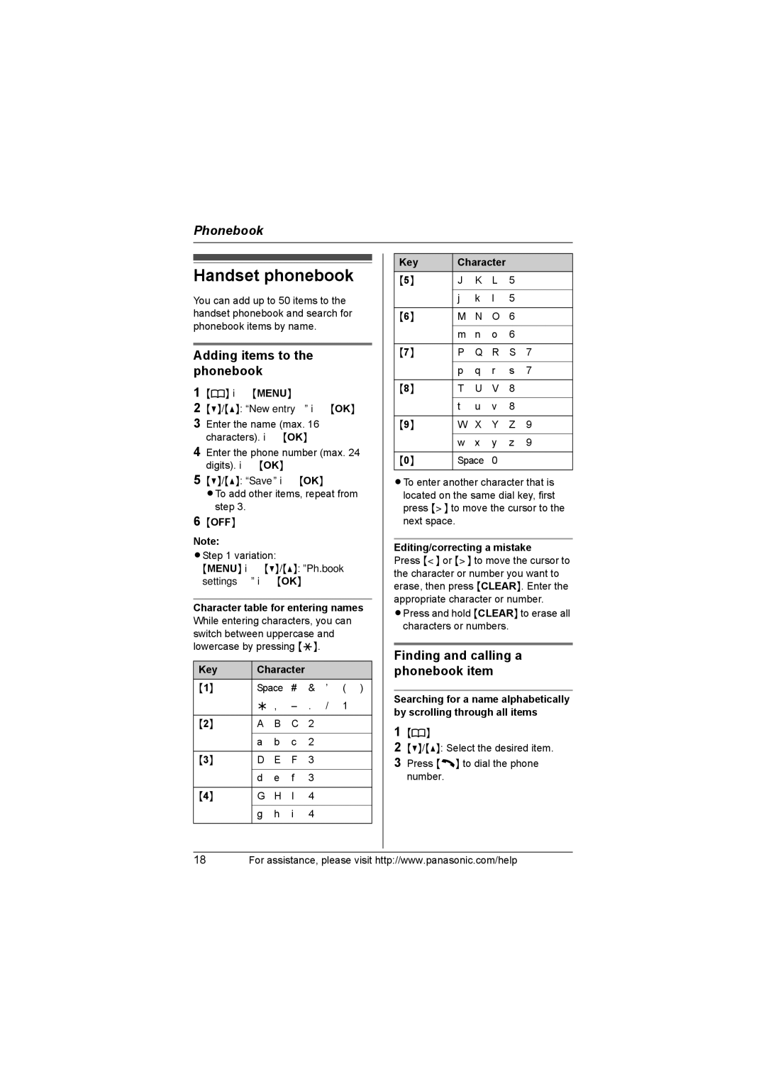 Panasonic KX-TG1032, KX-TG1035 Handset phonebook, Adding items to the phonebook, Finding and calling a phonebook item, Off 