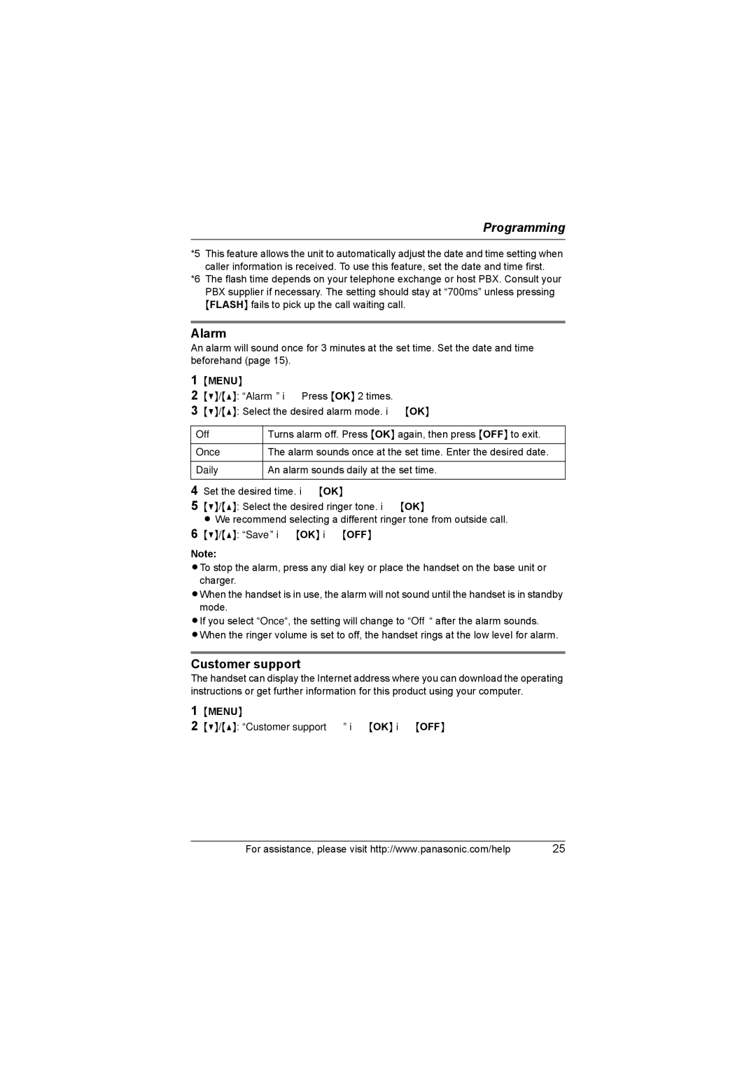 Panasonic KX-TG1034, KX-TG1035, KX-TG1032, KX-TG1033 operating instructions Alarm, Customer support 