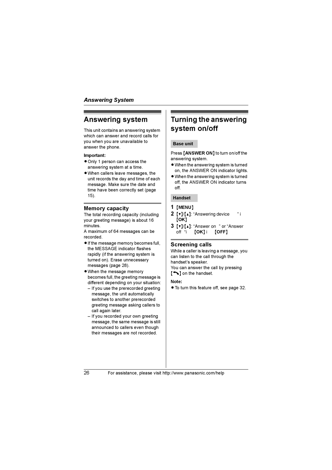 Panasonic KX-TG1032 Answering system, Turning the answering system on/off, Memory capacity, Screening calls, Handset Menu 