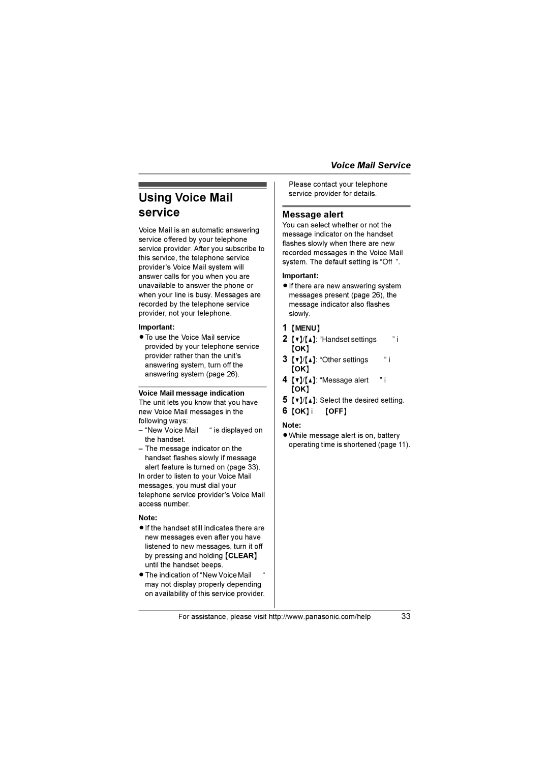 Panasonic KX-TG1034, KX-TG1035, KX-TG1032, KX-TG1033 operating instructions Using Voice Mail service 