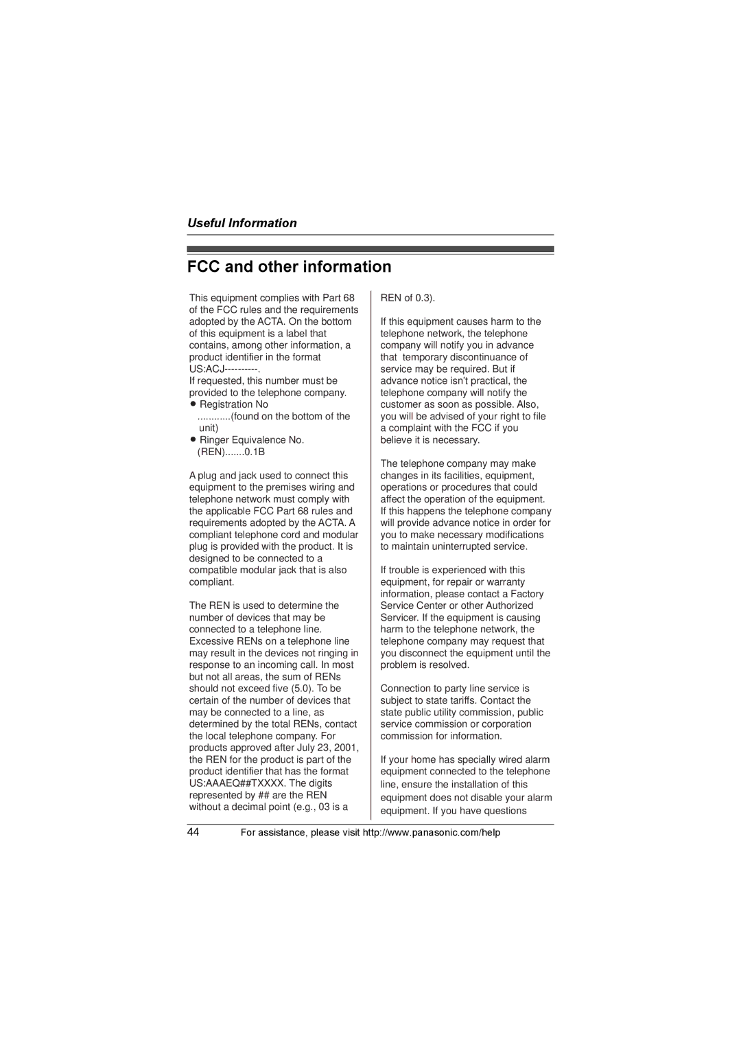 Panasonic KX-TG1035, KX-TG1034, KX-TG1032, KX-TG1033 operating instructions FCC and other information 