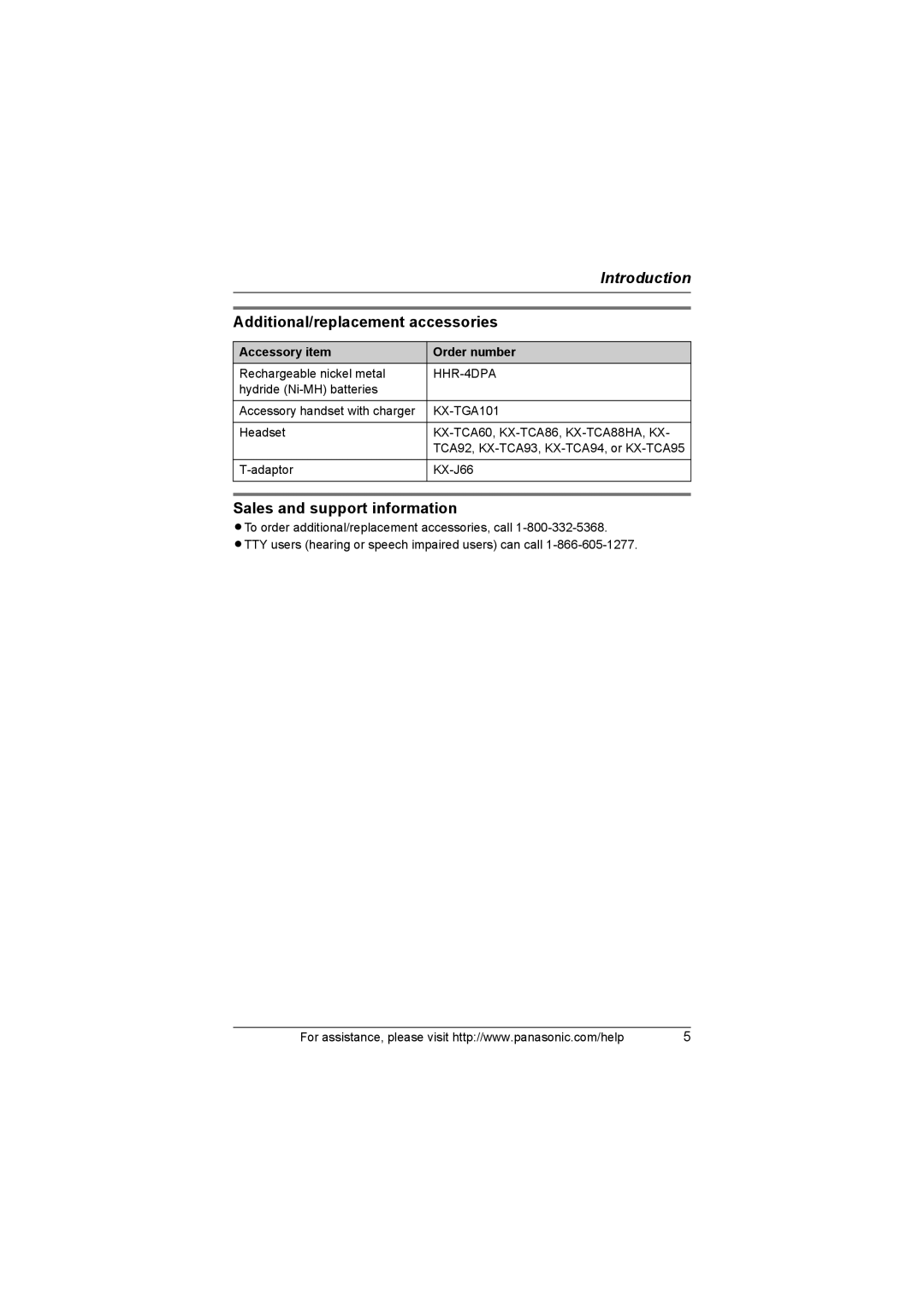 Panasonic KX-TG1034 Additional/replacement accessories, Sales and support information, Accessory item Order number 