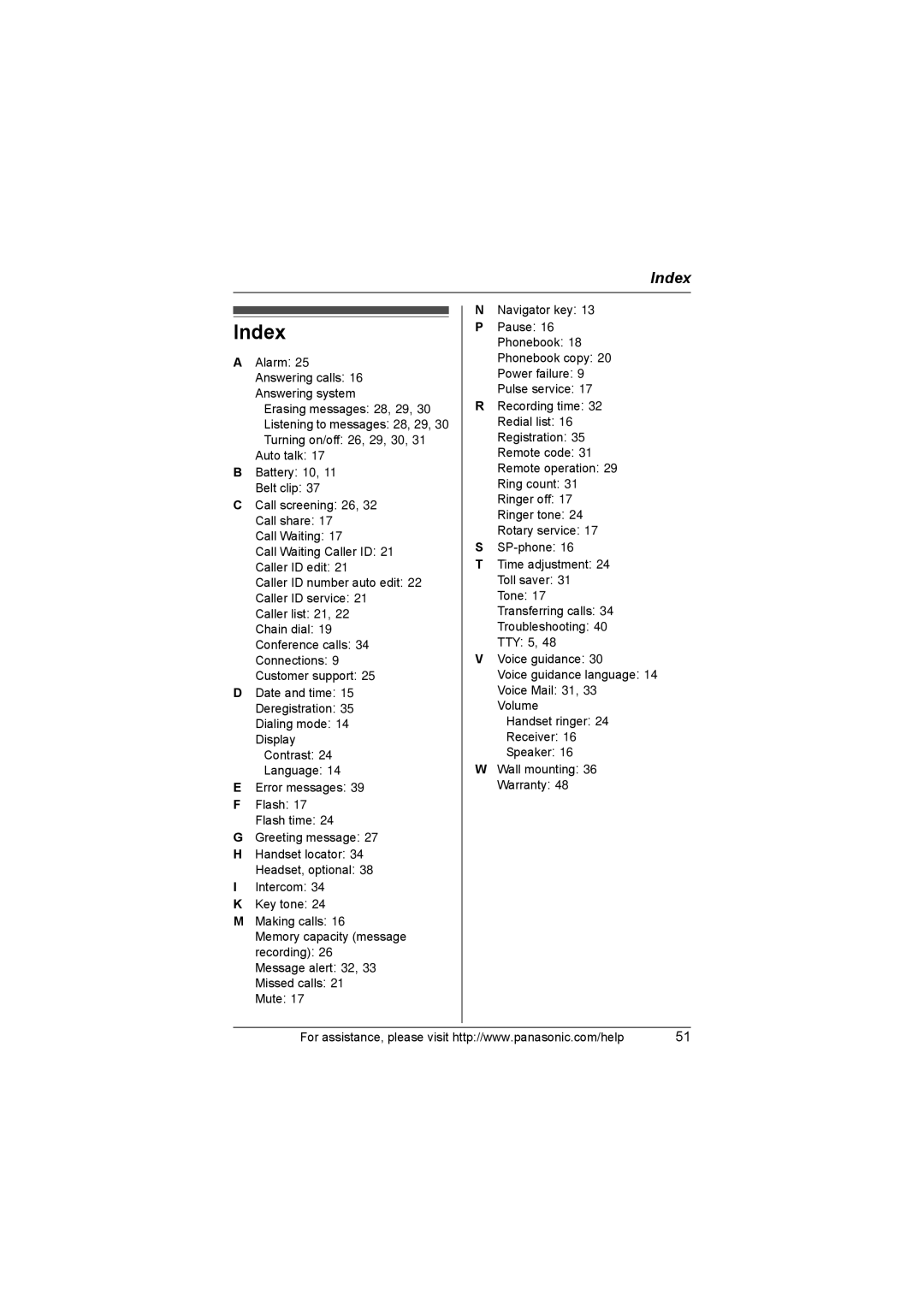 Panasonic KX-TG1033, KX-TG1035, KX-TG1034, KX-TG1032 operating instructions Index 