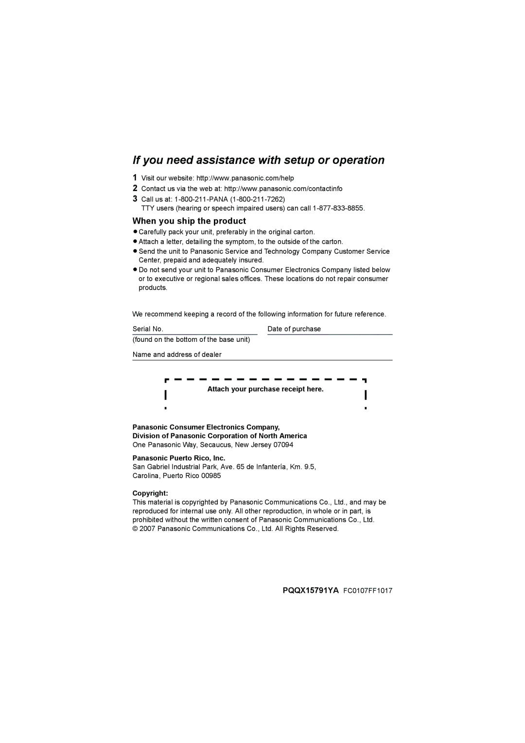 Panasonic KX-TG1035, KX-TG1034, KX-TG1032, KX-TG1033 When you ship the product, Panasonic Puerto Rico, Inc, Copyright 