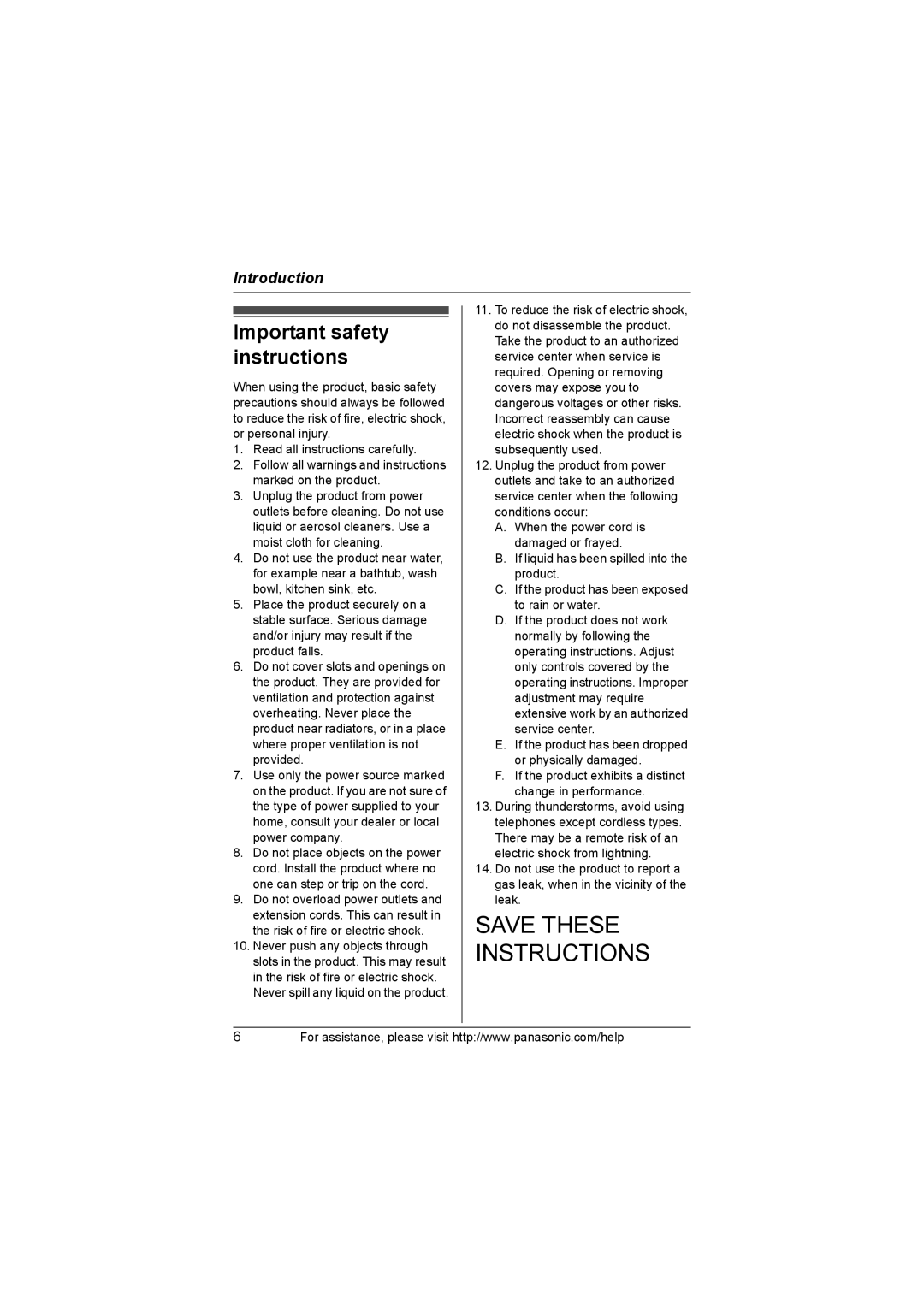 Panasonic KX-TG1032, KX-TG1035, KX-TG1034, KX-TG1033 operating instructions Important safety instructions 