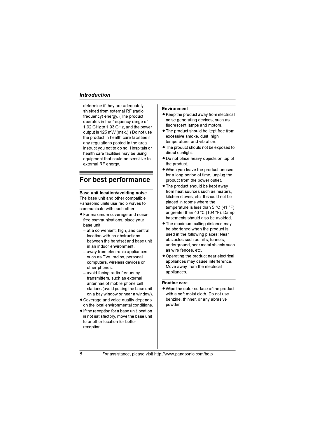 Panasonic KX-TG1035, KX-TG1034, KX-TG1032, KX-TG1033 operating instructions For best performance, Environment, Routine care 