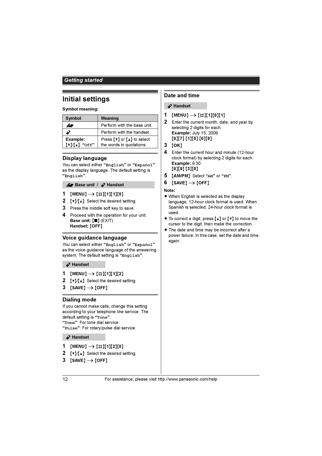 Panasonic KX-TG1063, KX-TG1062 Initial settings, Display language, Voice guidance language, Dialing mode, Date and time 