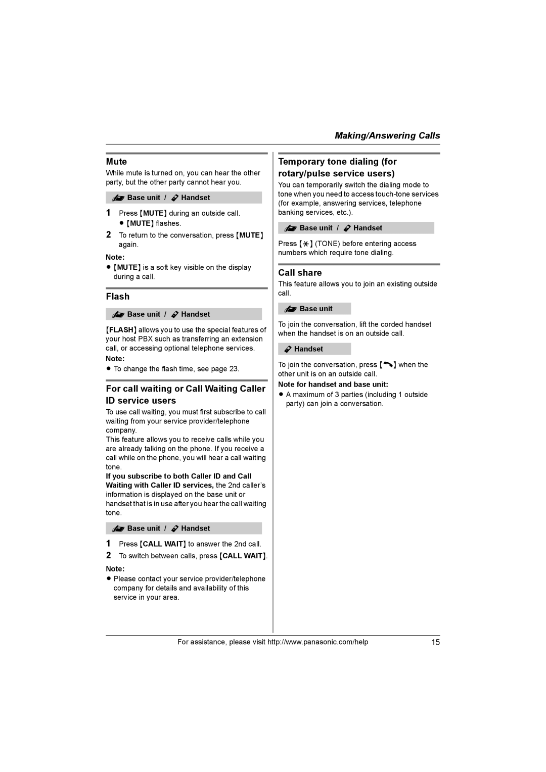 Panasonic KX-TG1062M, KX-TG1063 Mute, Flash, For call waiting or Call Waiting Caller ID service users, Call share 