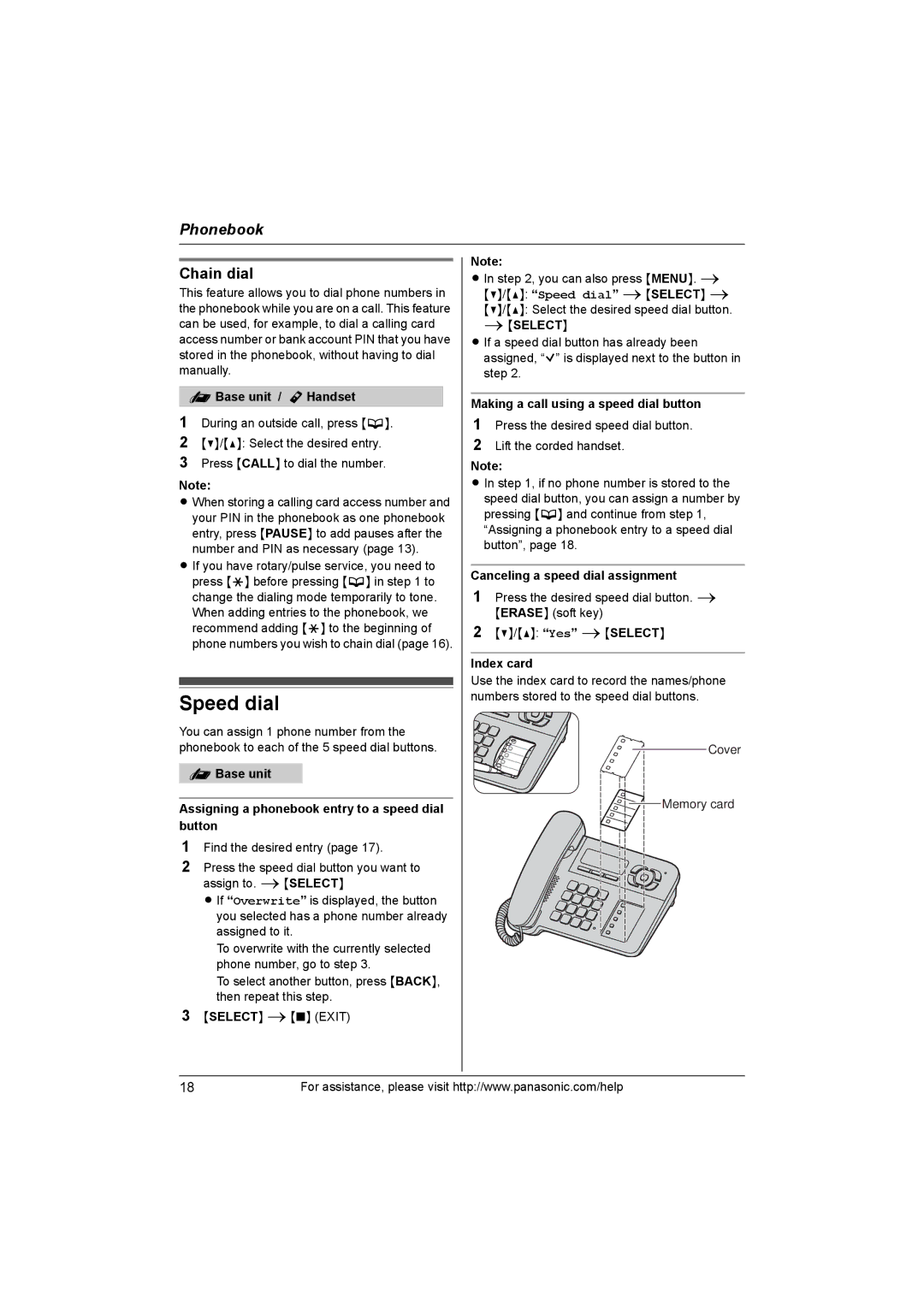 Panasonic KX-TG1061 Speed dial, Chain dial, Making a call using a speed dial button, Canceling a speed dial assignment 