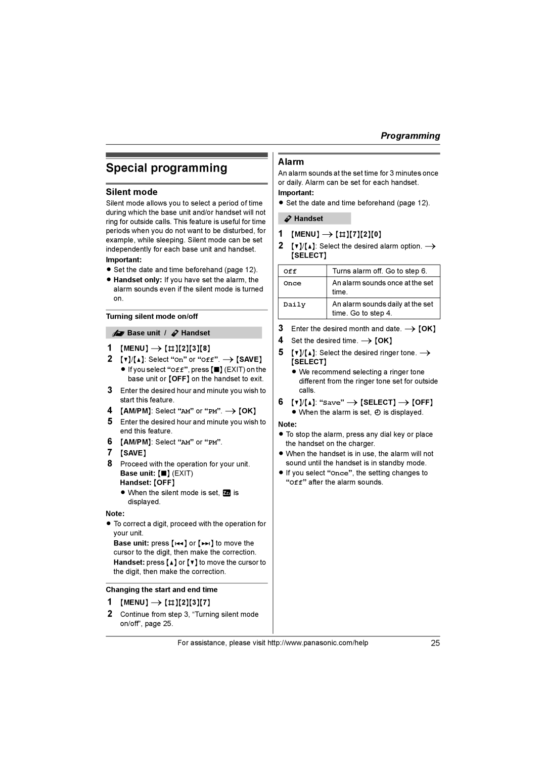 Panasonic KX-TG1062M, KX-TG1063, KX-TG1061, KXTG1062M operating instructions Special programming, Silent mode, Alarm 