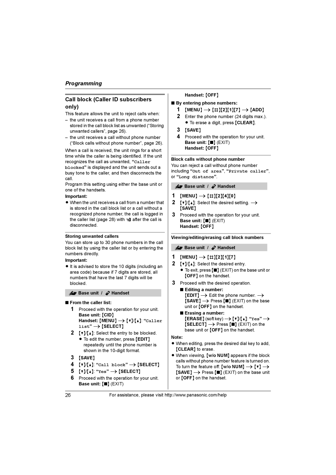 Panasonic KX-TG1062M, KX-TG1063, KX-TG1061, KXTG1062M operating instructions Call block Caller ID subscribers only 