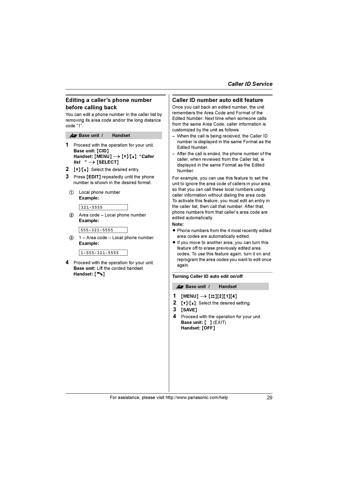 Panasonic KXTG1062M Editing a caller’s phone number before calling back, Caller ID number auto edit feature, Example 