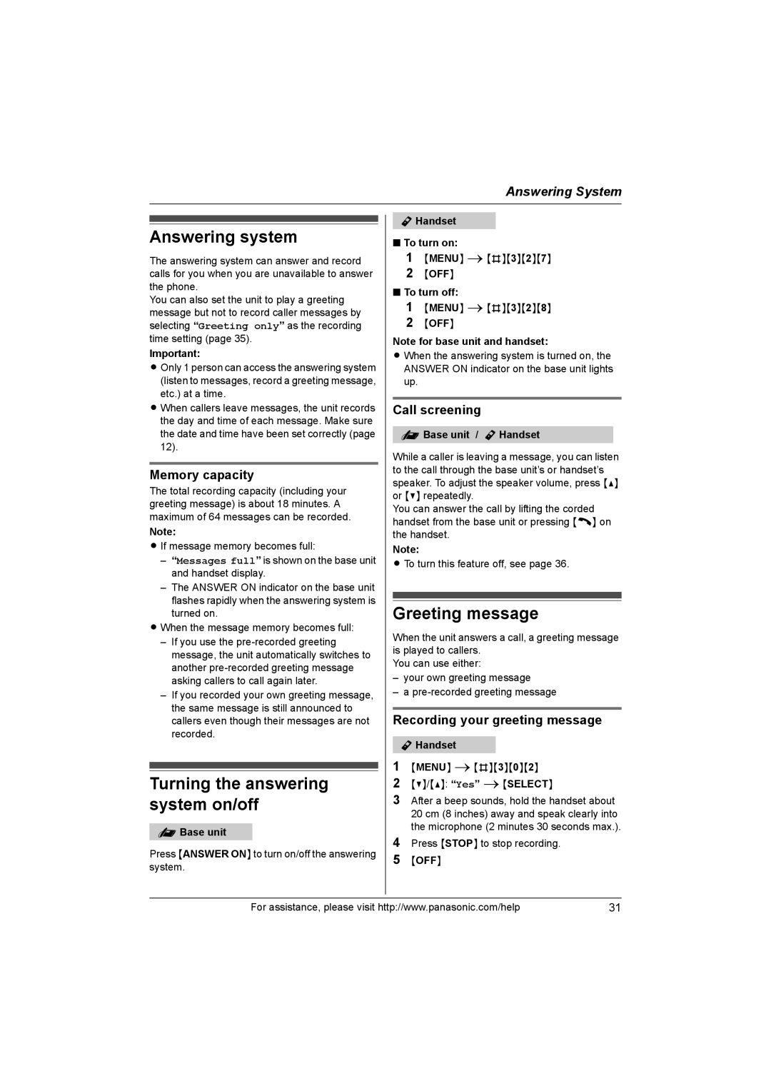 Panasonic KX-TG1062M, KX-TG1063, KX-TG1061 Answering system, Turning the answering system on/off, Greeting message 