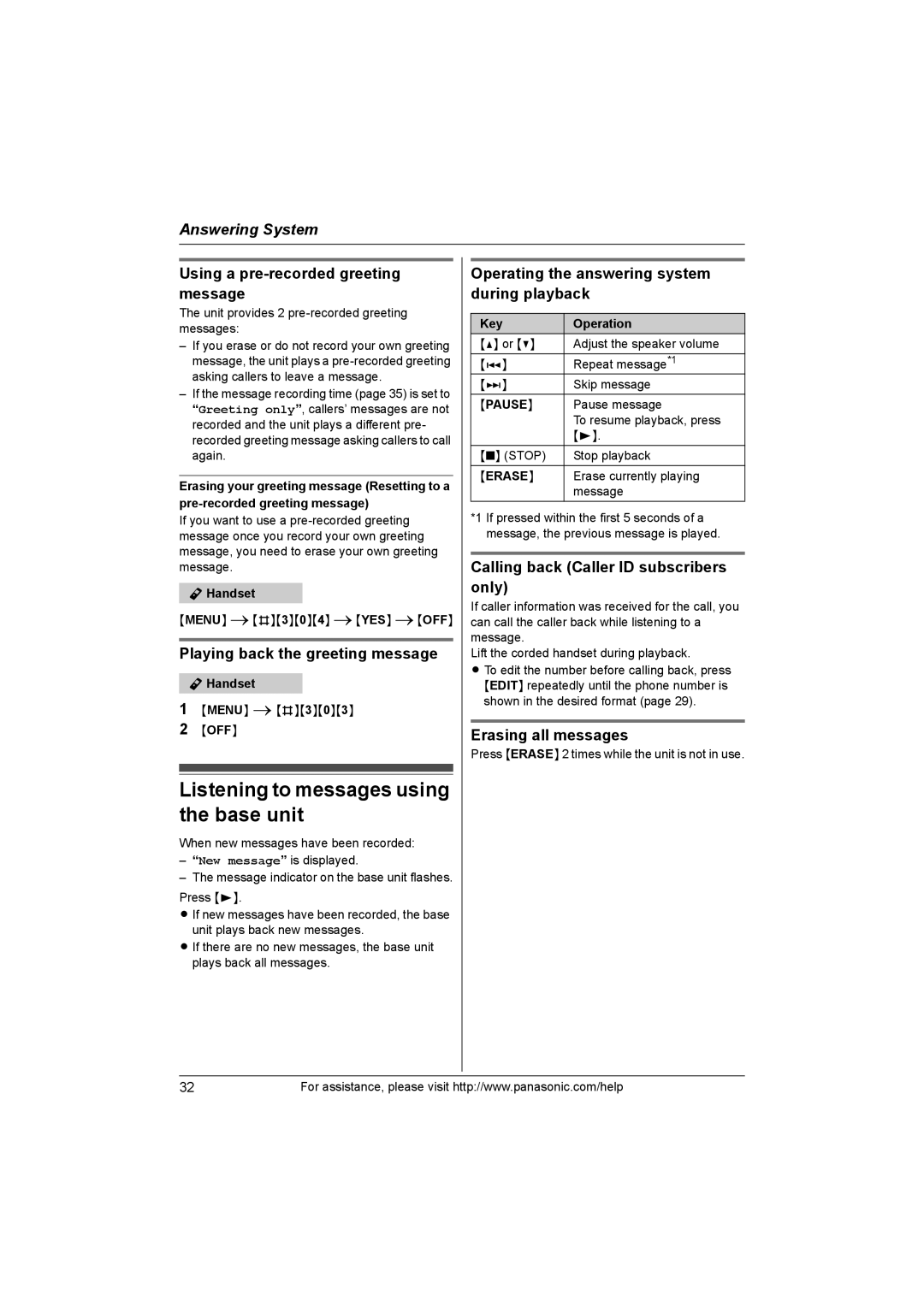 Panasonic KX-TG1063, KX-TG1062M, KX-TG1061, KXTG1062M operating instructions Listening to messages using the base unit 