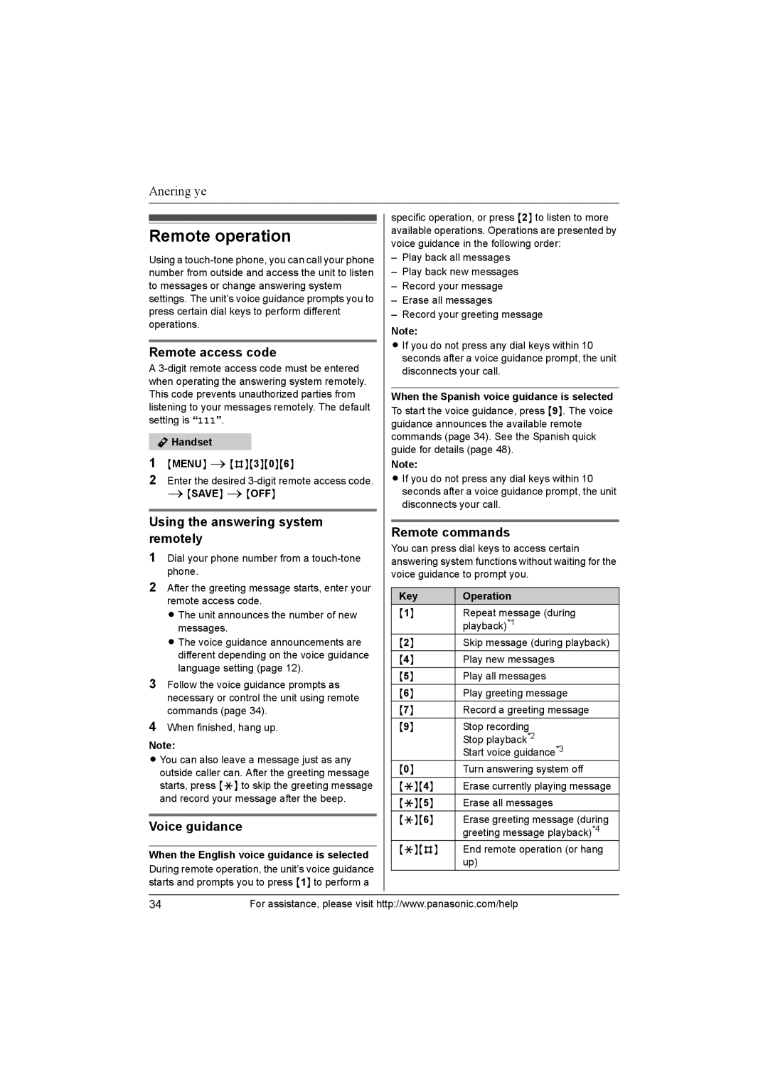 Panasonic KXTG1062M, KX-TG1062 Remote operation, Remote access code, Using the answering system remotely, Voice guidance 