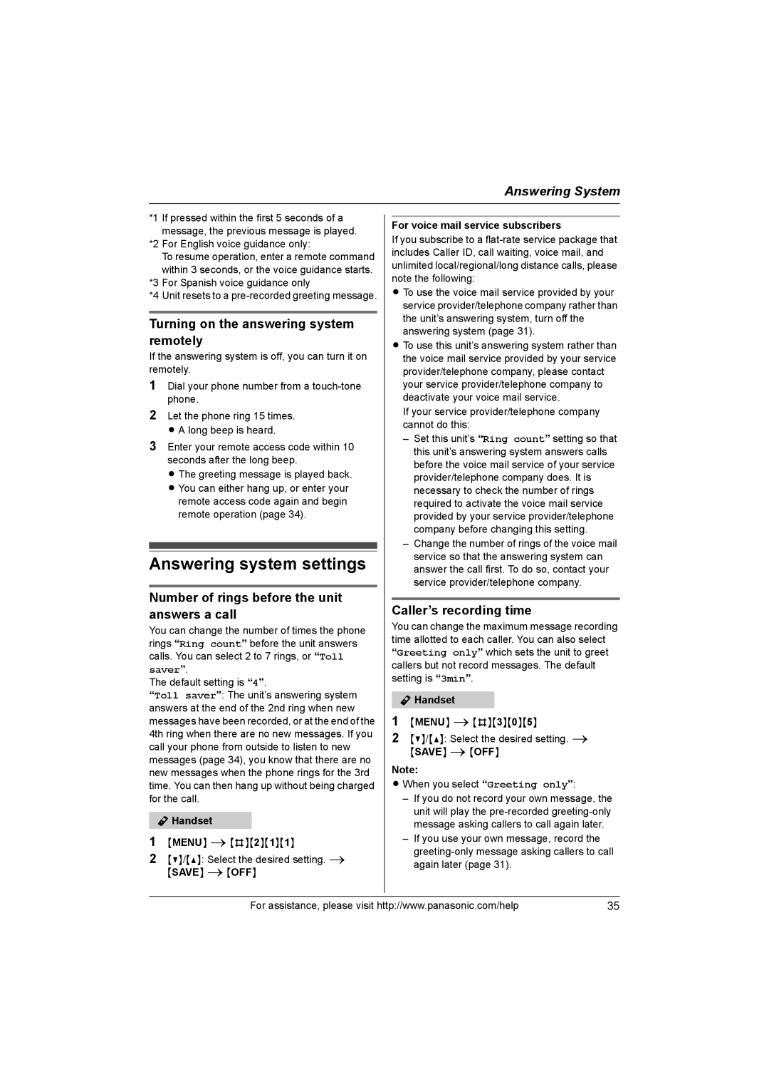 Panasonic KX-TG1062 Answering system settings, Turning on the answering system remotely, Caller’s recording time 