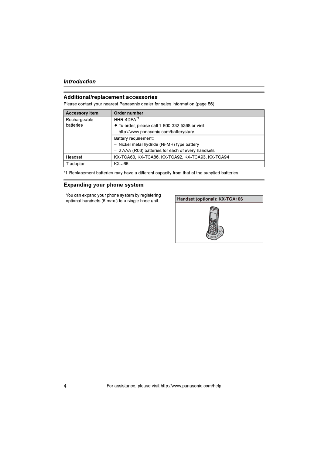 Panasonic KXTG1062M Additional/replacement accessories, Expanding your phone system, Accessory item Order number 