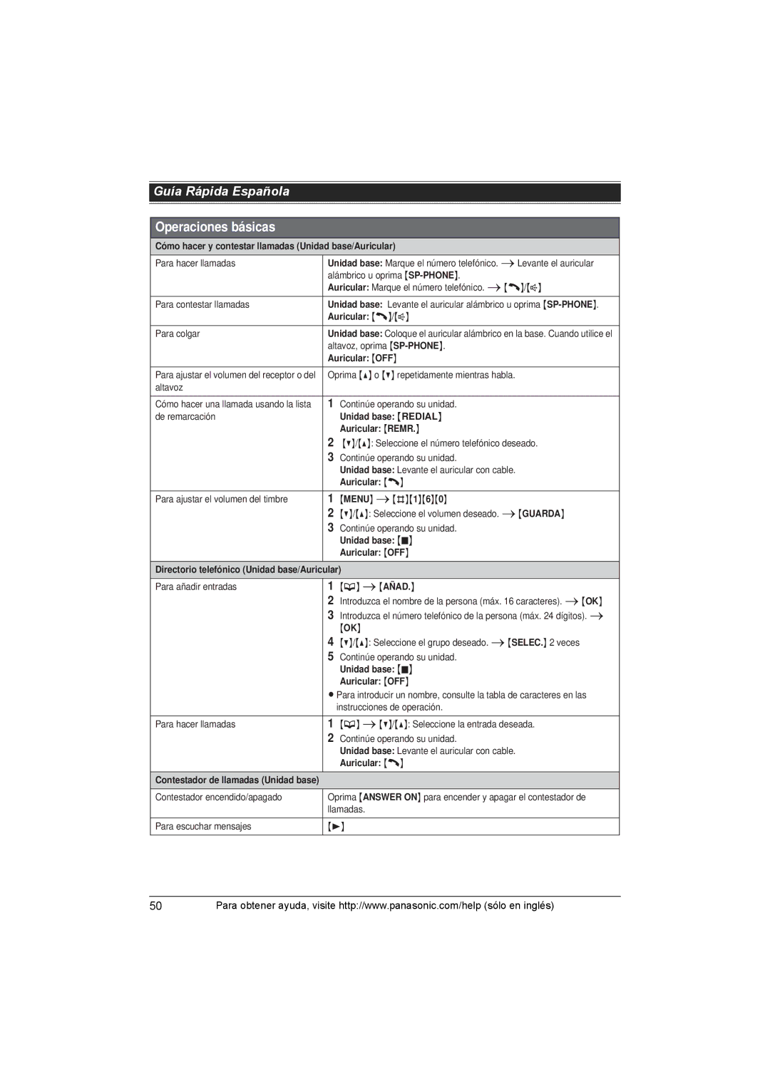 Panasonic KX-TG1062M, KX-TG1063, KX-TG1061, KXTG1062M operating instructions Operaciones básicas 