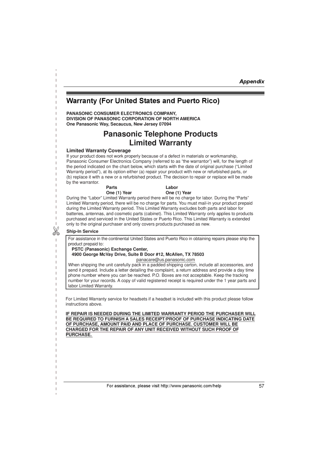 Panasonic KX-TG1063 Warranty For United States and Puerto Rico, One Panasonic Way, Secaucus, New Jersey, Ship-In Service 