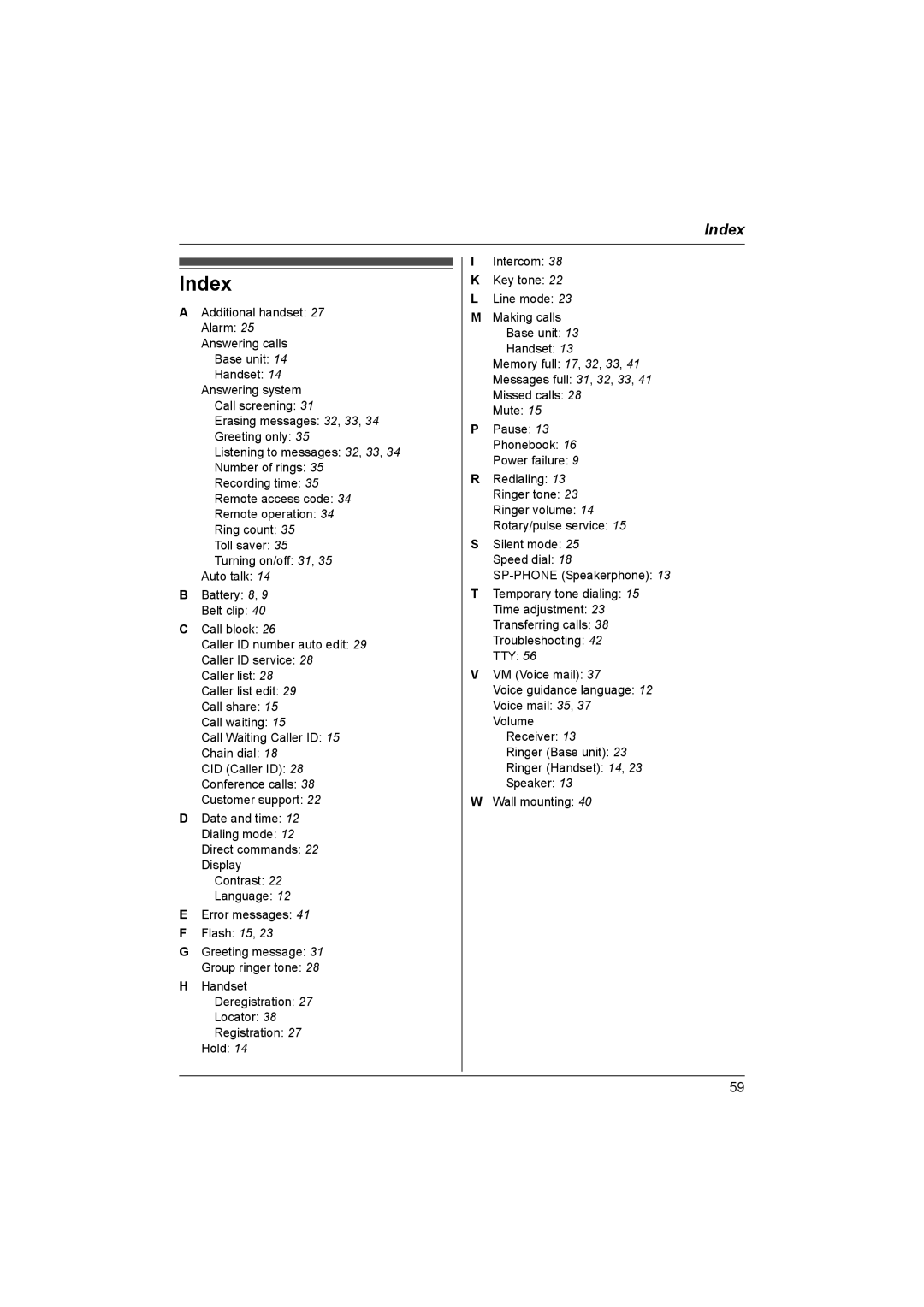 Panasonic KXTG1062M, KX-TG1062M, KX-TG1063, KX-TG1061 operating instructions Index 