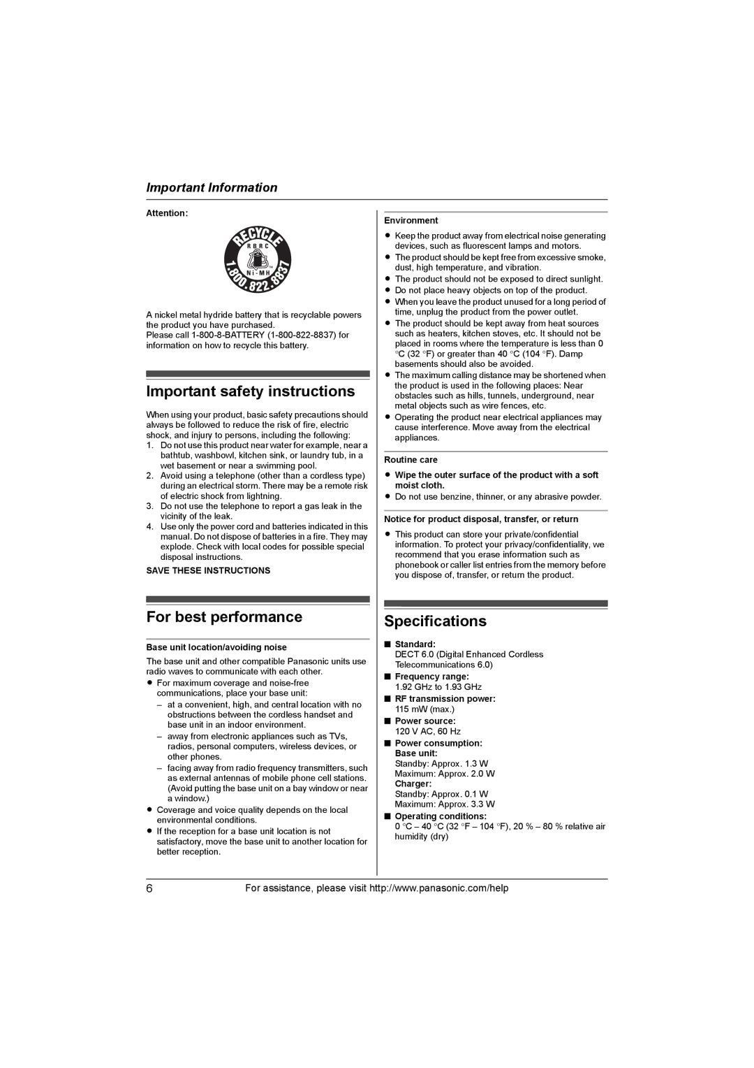 Panasonic KX-TG1062M, KX-TG1063, KX-TG1061, KXTG1062M operating instructions Important safety instructions 