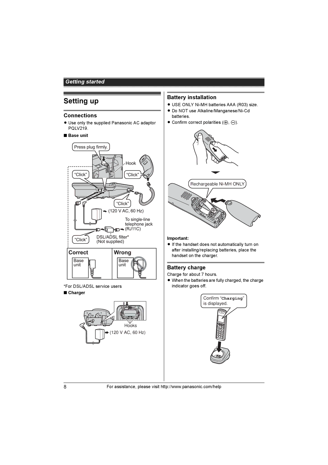 Panasonic KX-TG1061, KX-TG1062M, KX-TG1063 Setting up, Connections, Battery installation, Battery charge, Charger 