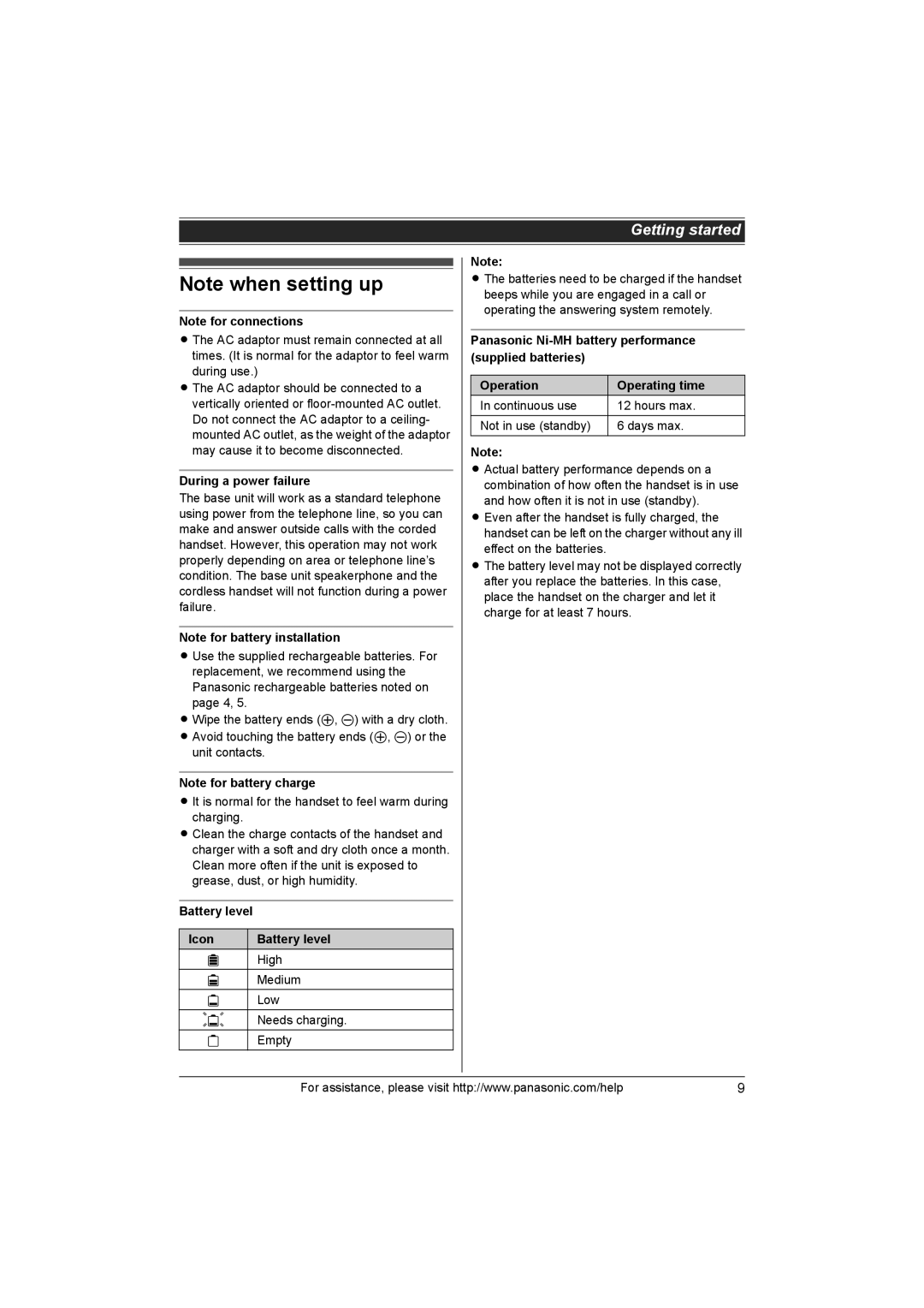 Panasonic KXTG1062M, KX-TG1062M, KX-TG1063, KX-TG1061 operating instructions During a power failure, Battery level Icon 