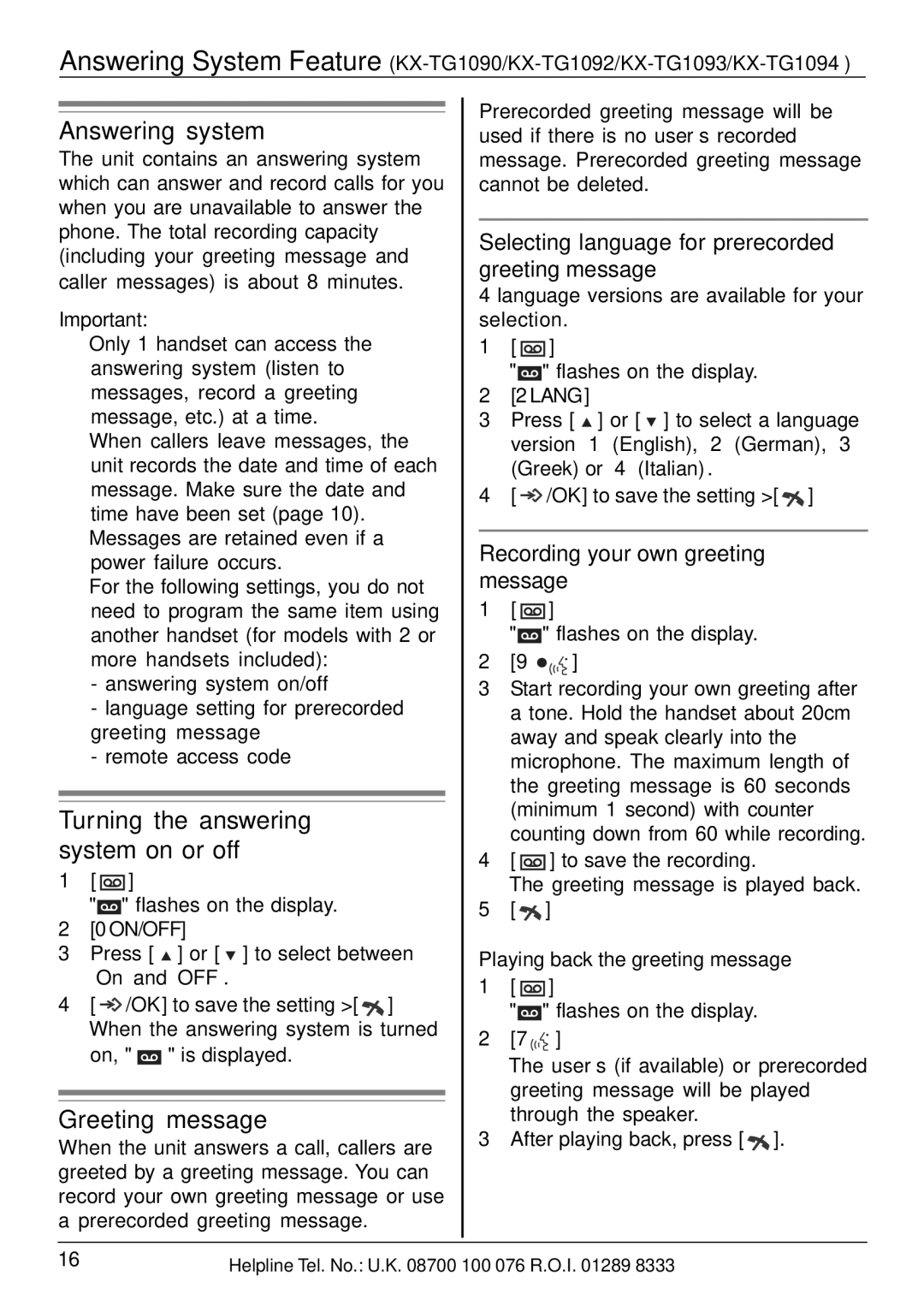 Panasonic KX-TG1070E, KX-TG1074E, KX-TG1072E Answering system, Turning the answering system on or off, Greeting message 