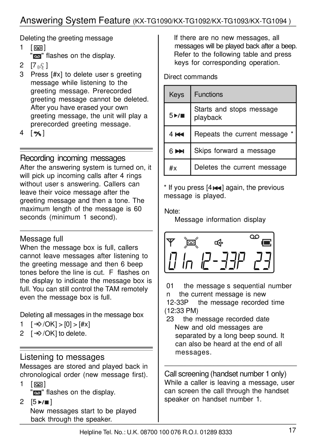 Panasonic KX-TG1074E, KX-TG1070E, KX-TG1072E, KX-TG1073E Listening to messages, Deleting the greeting message 