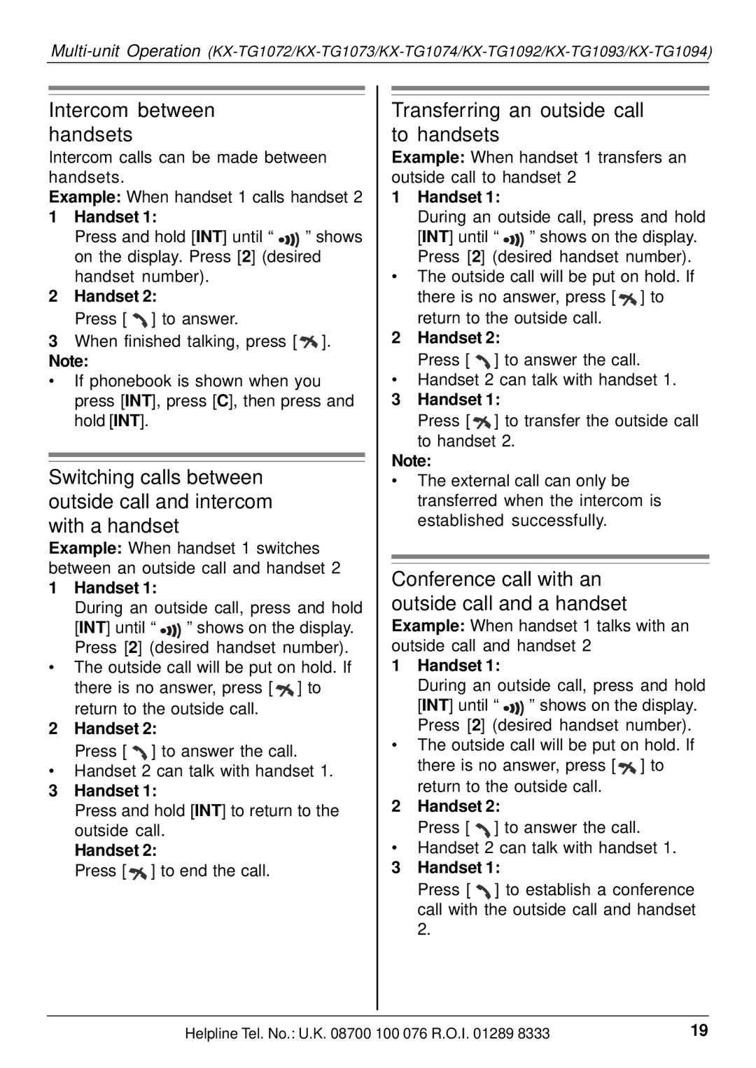 Panasonic KX-TG1073E, KX-TG1070E, KX-TG1074E Intercom between handsets, Transferring an outside call to handsets, Handset 