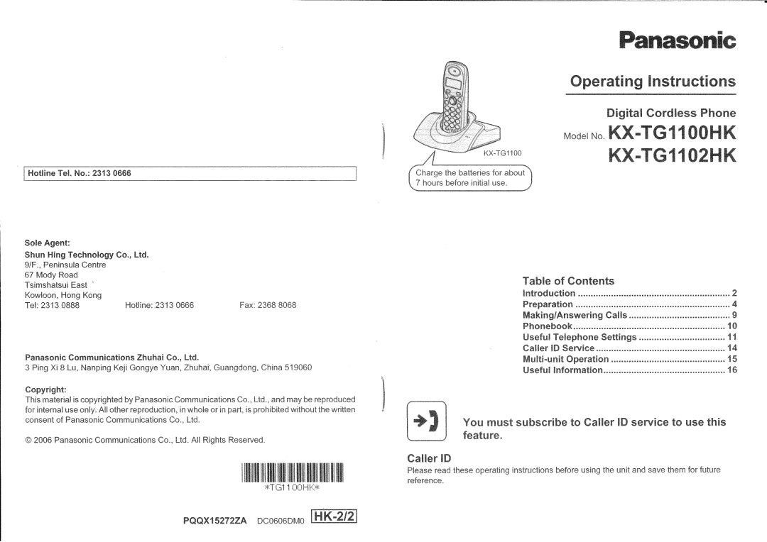 Panasonic KX-TG1102HK, KX-TG1100HK manual 