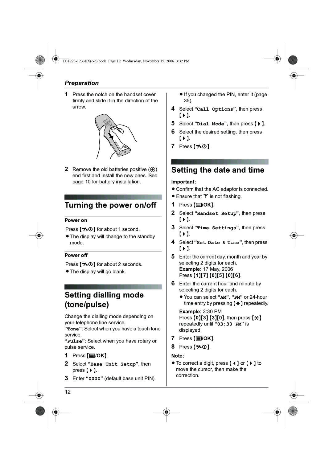 Panasonic KX-TG1233BX, KX-TG1223BX Turning the power on/off, Setting dialling mode tone/pulse, Setting the date and time 