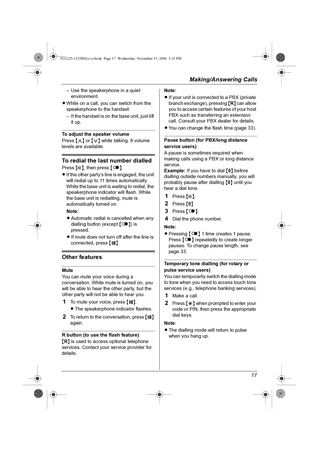 Panasonic KX-TG1223BX, KX-TG1233BX operating instructions To redial the last number dialled, To adjust the speaker volume 