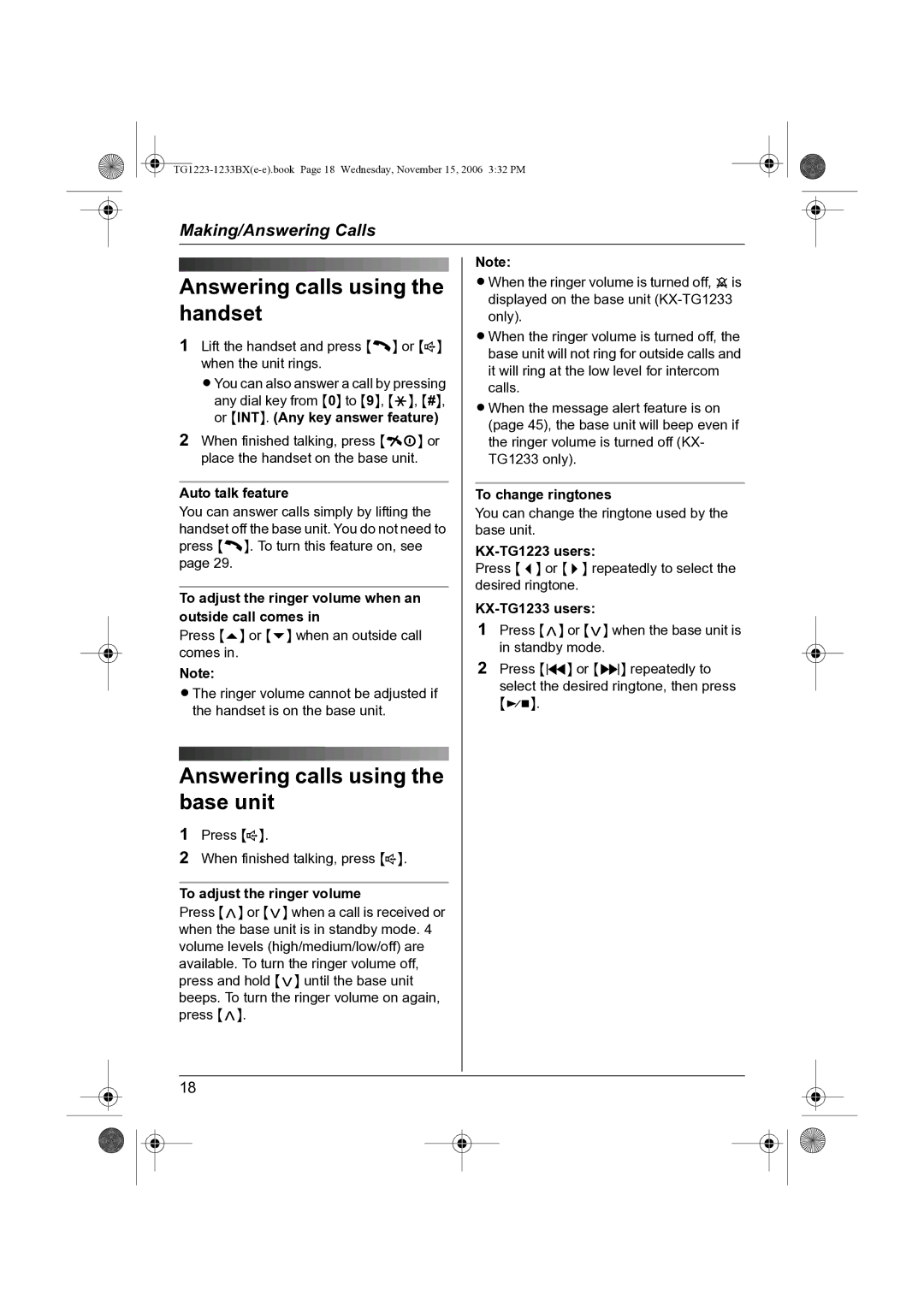 Panasonic KX-TG1233BX, KX-TG1223BX Answering calls using the handset, Answering calls using the base unit 