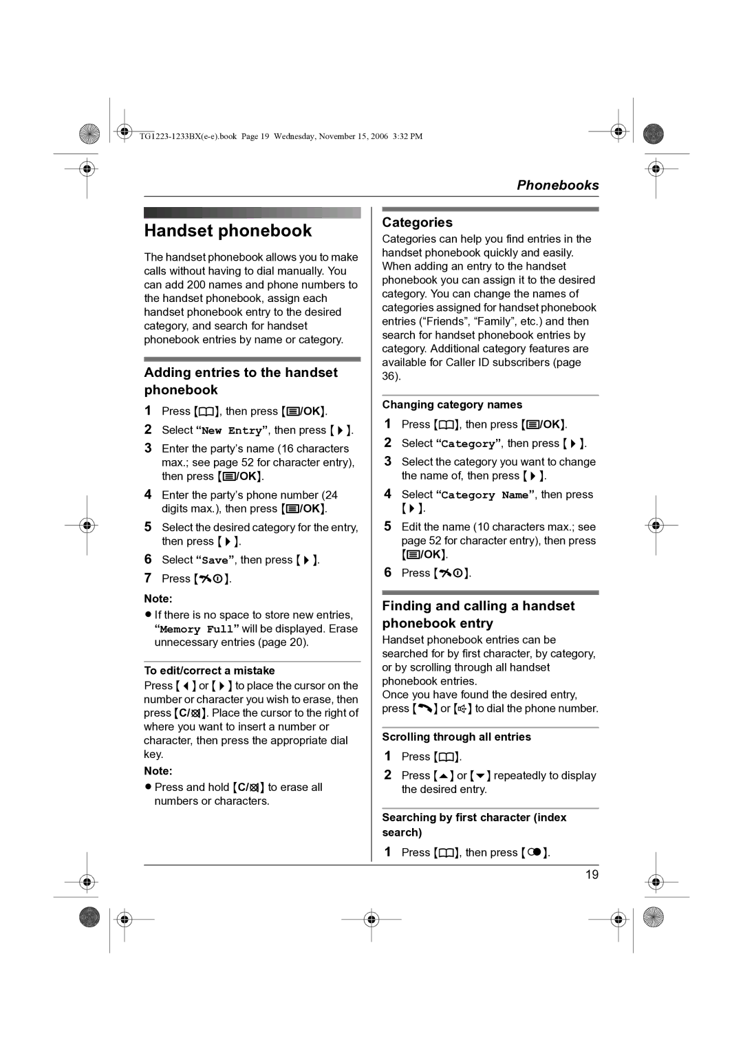 Panasonic KX-TG1223BX, KX-TG1233BX Handset phonebook, Categories, Adding entries to the handset Phonebook, Phonebook entry 