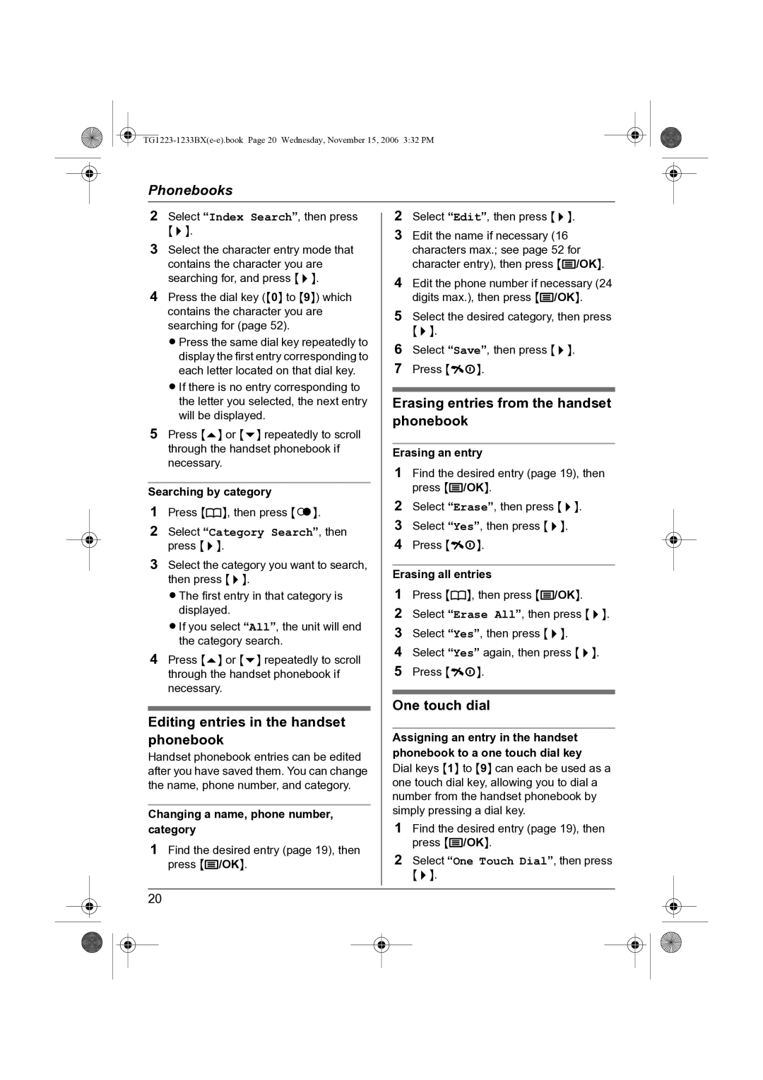 Panasonic KX-TG1233BX Erasing entries from the handset, One touch dial, Editing entries in the handset Phonebook 