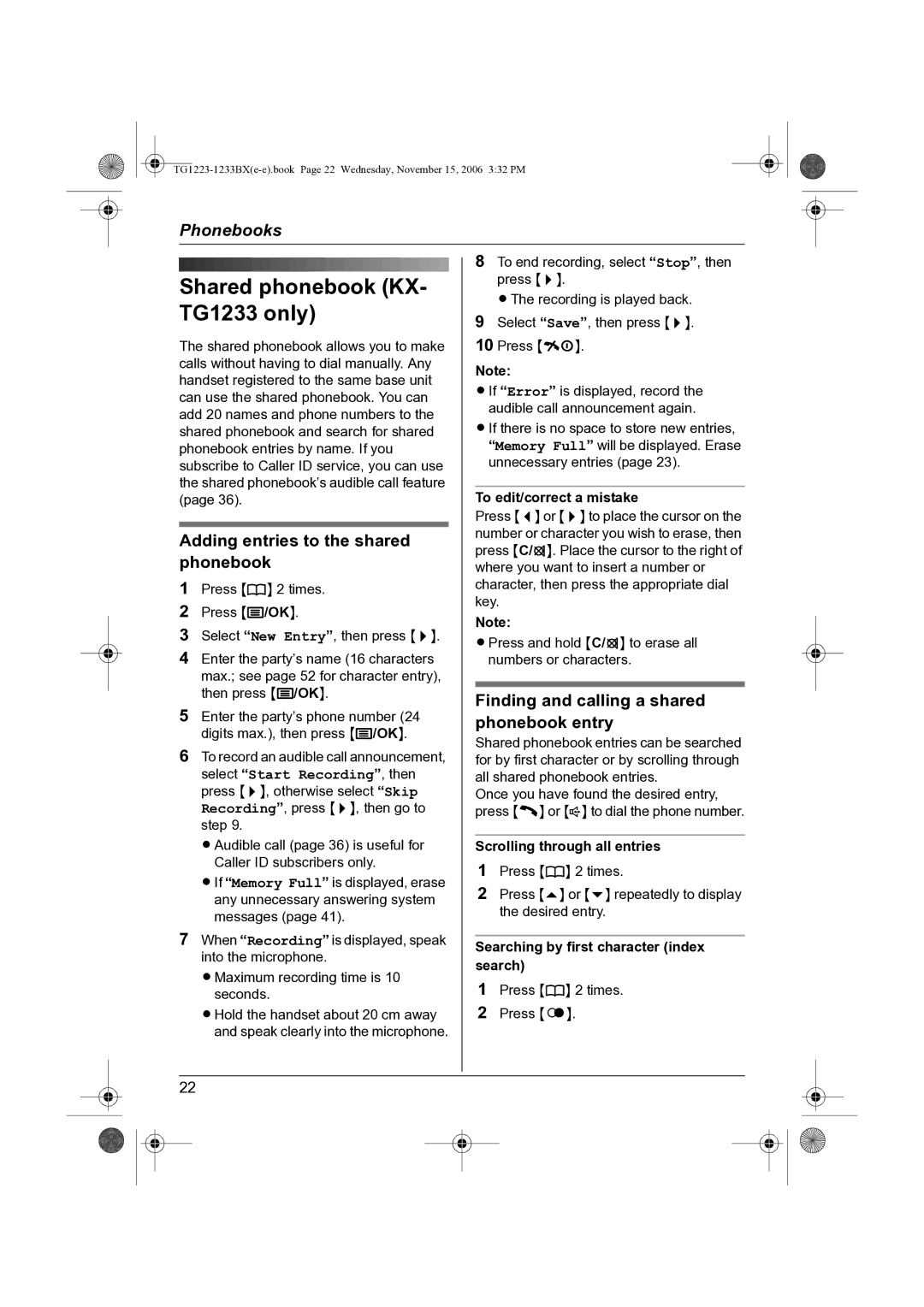 Panasonic KX-TG1233BX, KX-TG1223BX Shared phonebook KX- TG1233 only, Adding entries to the shared phonebook 