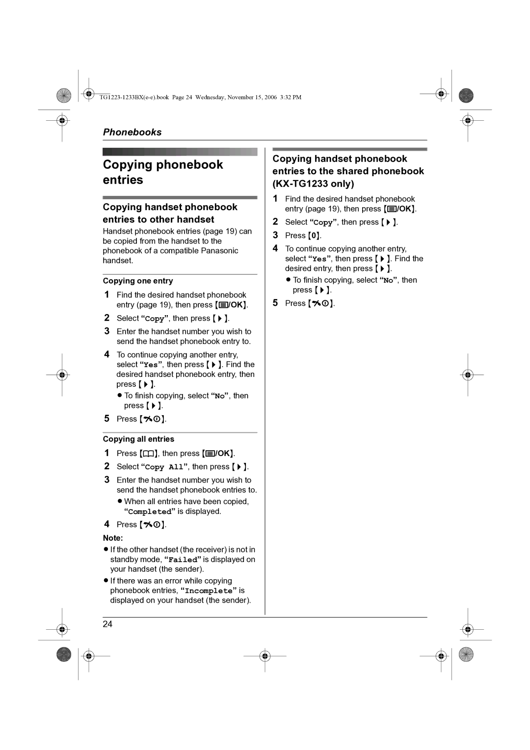 Panasonic KX-TG1233BX Copying phonebook entries, Copying handset phonebook entries to other handset, Copying one entry 