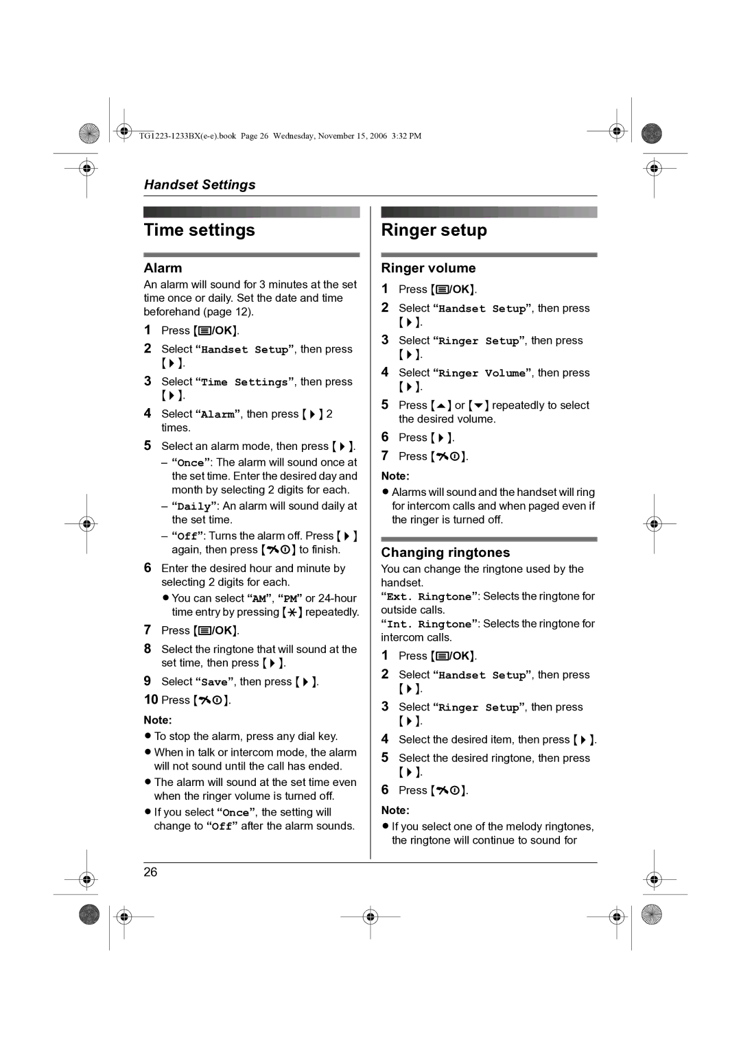 Panasonic KX-TG1233BX, KX-TG1223BX operating instructions Ringer setup, Ringer volume, Changing ringtones 