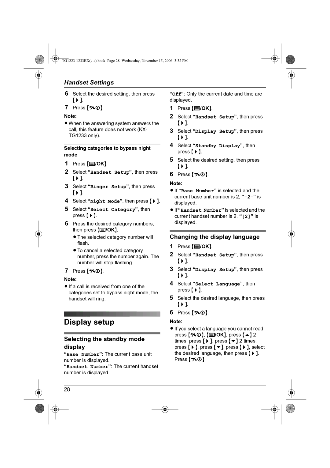 Panasonic KX-TG1233BX, KX-TG1223BX Display setup, Selecting the standby mode display, Changing the display language 