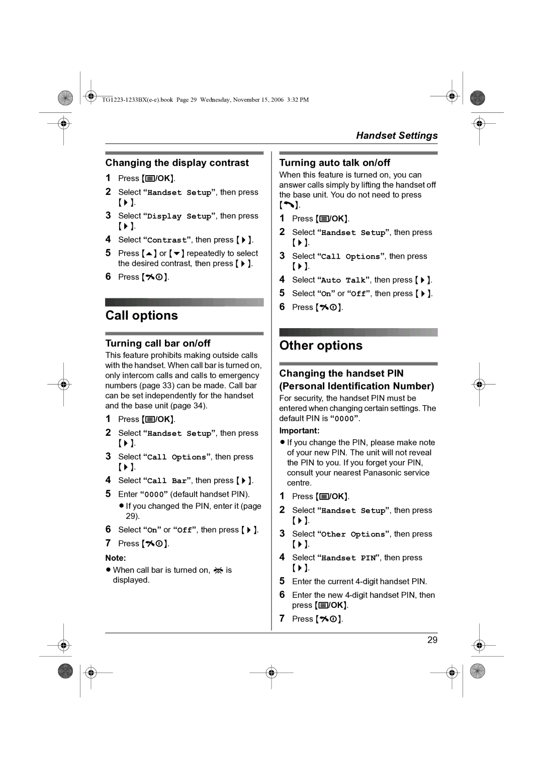 Panasonic KX-TG1223BX, KX-TG1233BX operating instructions Call options, Other options 