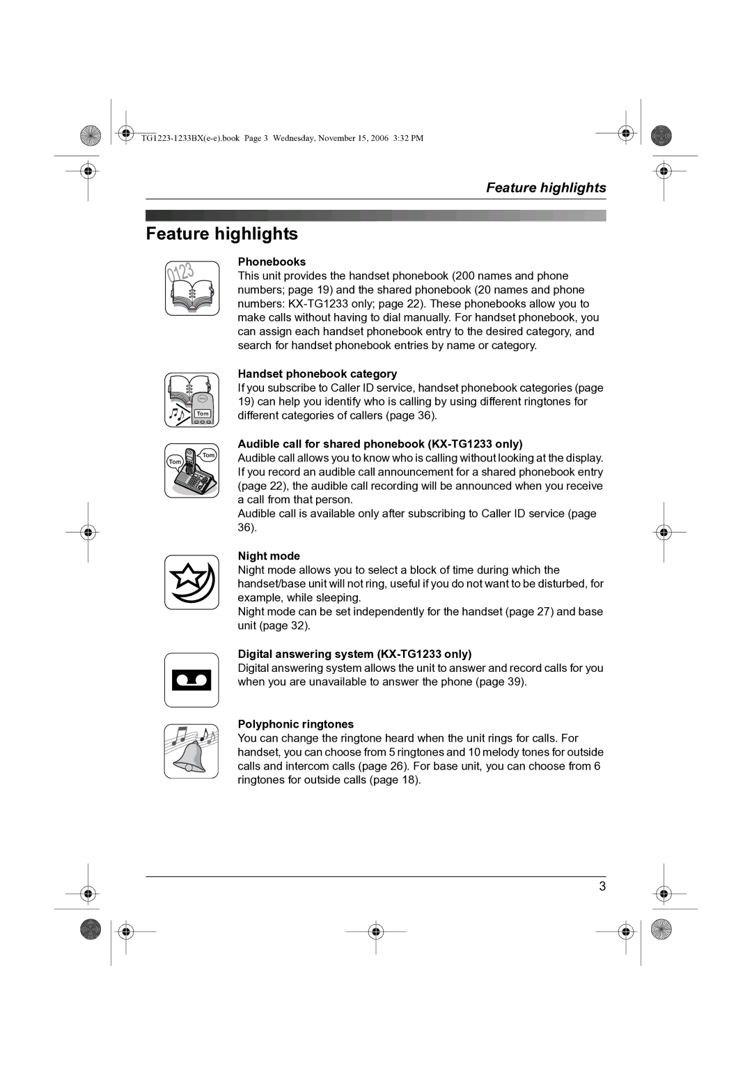 Panasonic KX-TG1223BX, KX-TG1233BX operating instructions Feature highlights 