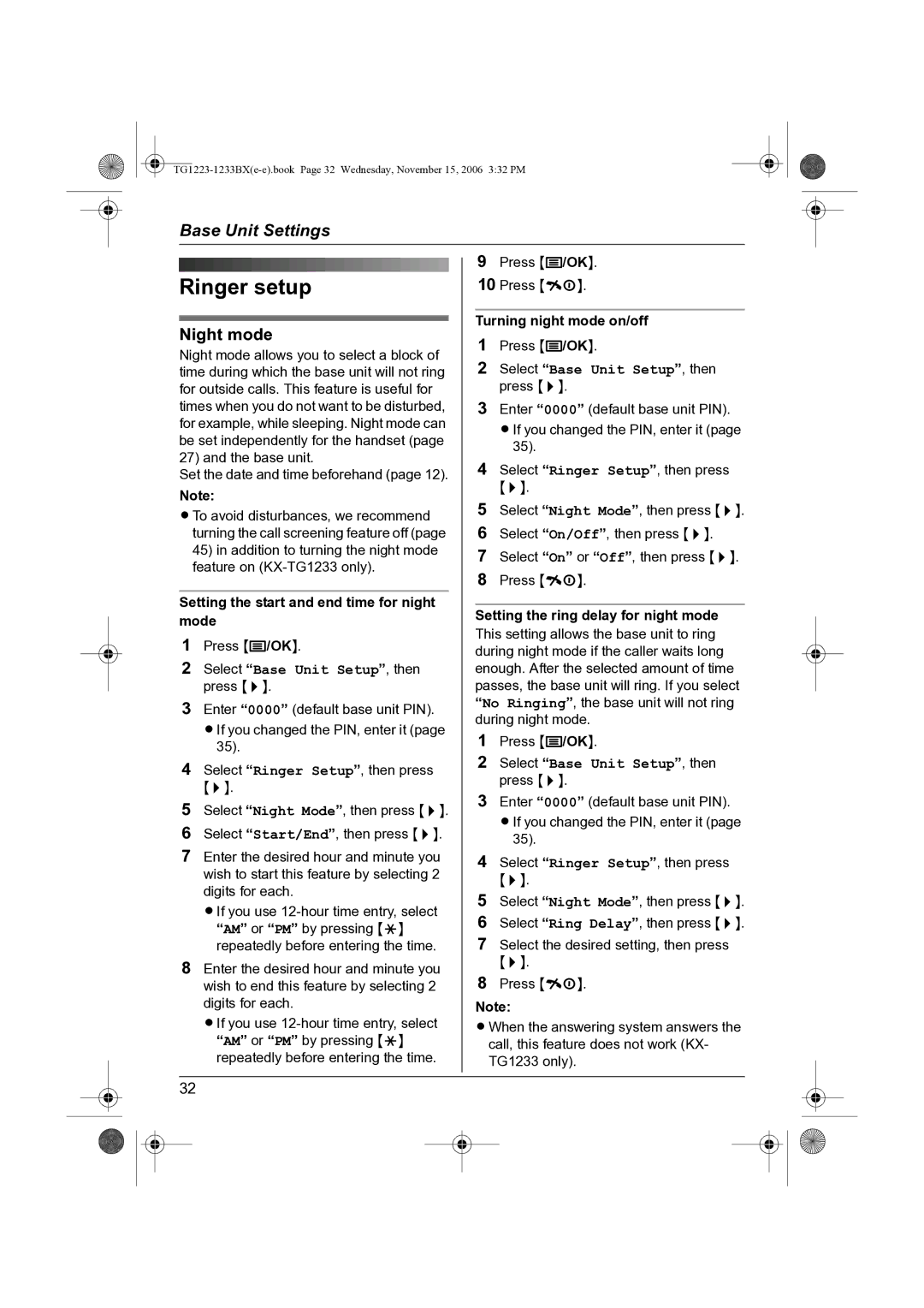 Panasonic KX-TG1233BX, KX-TG1223BX operating instructions Ringer setup, Night mode 