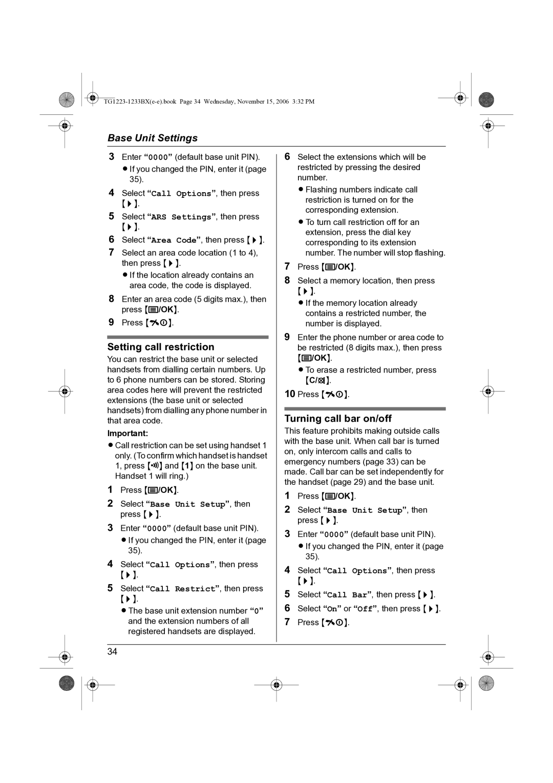 Panasonic KX-TG1233BX, KX-TG1223BX operating instructions Setting call restriction 