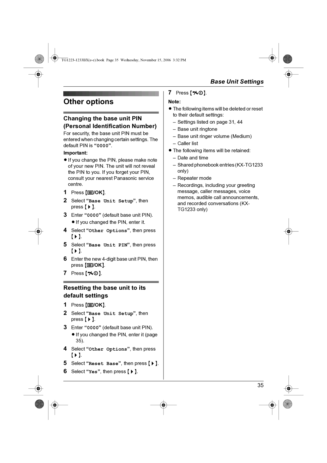 Panasonic KX-TG1223BX, KX-TG1233BX operating instructions Resetting the base unit to its default settings 