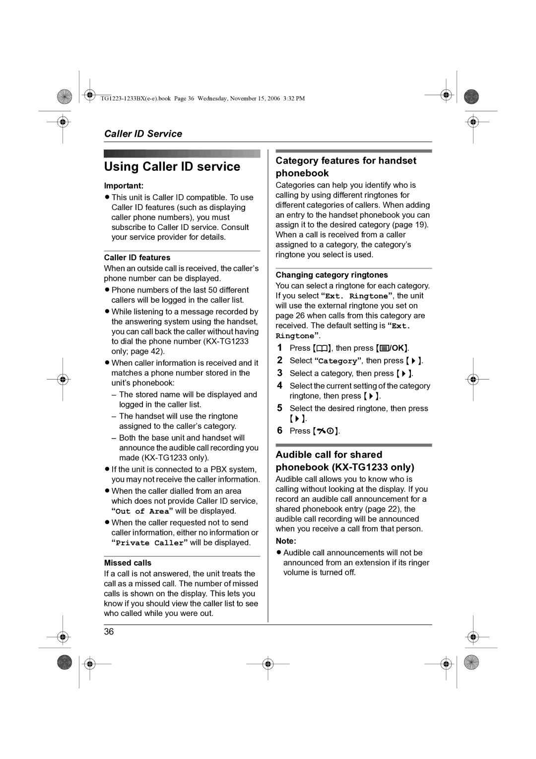 Panasonic KX-TG1233BX, KX-TG1223BX operating instructions Using Caller ID service, Category features for handset phonebook 